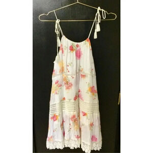 Mudd Juniors White Floral Halter Lined Tassel Crochet Tiered Mini Dress Small